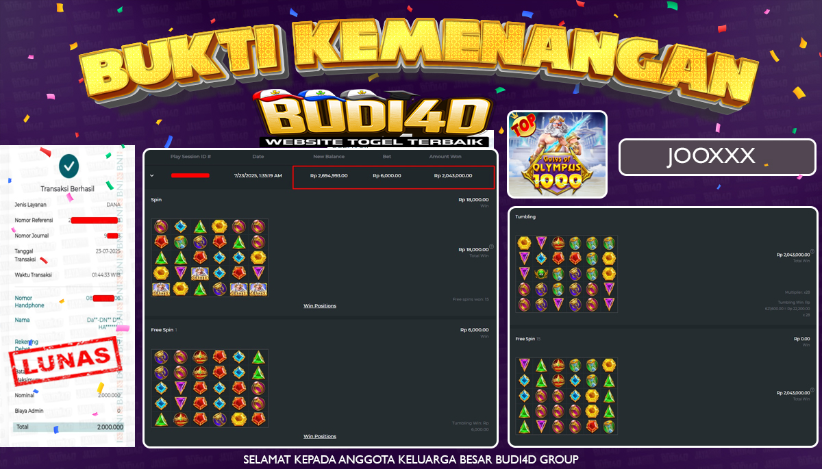 BUDI4D JACKPOT SLOT PRAGMATIC PLAY GATES OF OLYMPUS 1000 Rp.2.000.000,- LUNAS